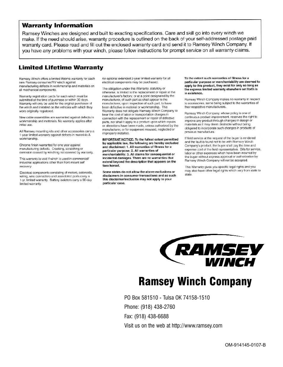 Ramsey winch company | Ramsey Winch REP 5000 User Manual | Page 12 / 12