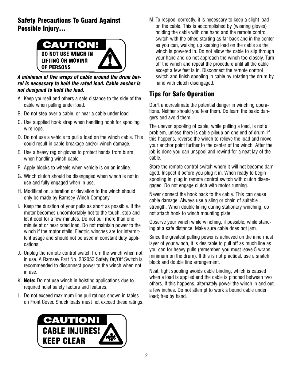 Tips for safe operation | Ramsey Winch REP 5000 User Manual | Page 2 / 12