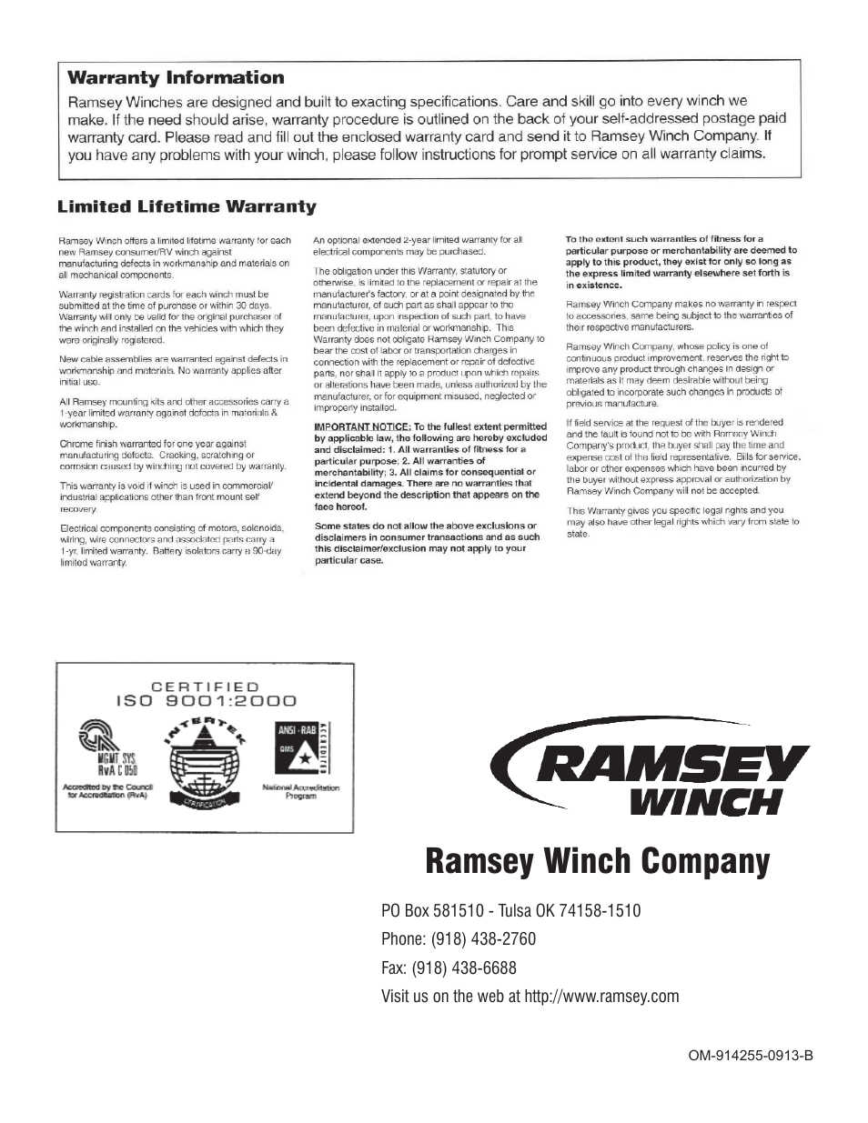 Ramsey winch company | Ramsey Winch REP-5000 (SERIES WOUND MOTOR) User Manual | Page 10 / 10
