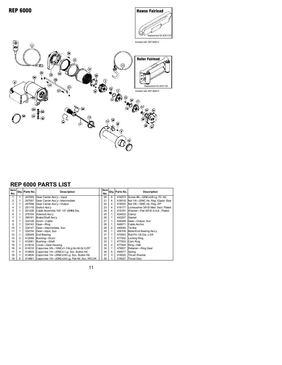 Rep 6000 parts list, Rep 6000, Hawse fairlead | Ramsey Winch REP-6000/8000/9000 User Manual | Page 11 / 16