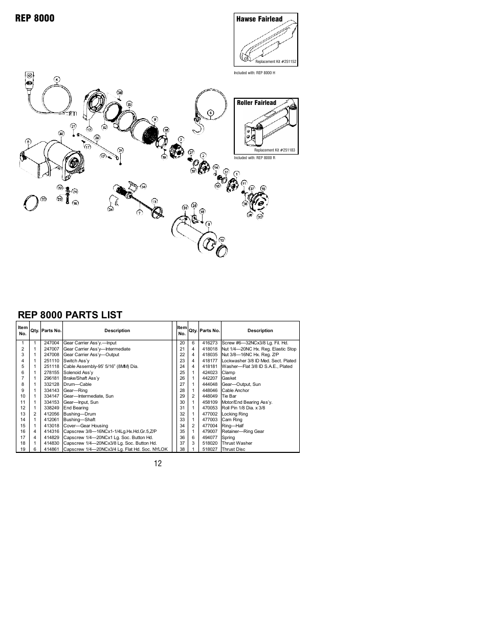 Rep 8000 parts list, Rep 8000, Hawse fairlead | Ramsey Winch REP-6000/8000/9000 User Manual | Page 12 / 16