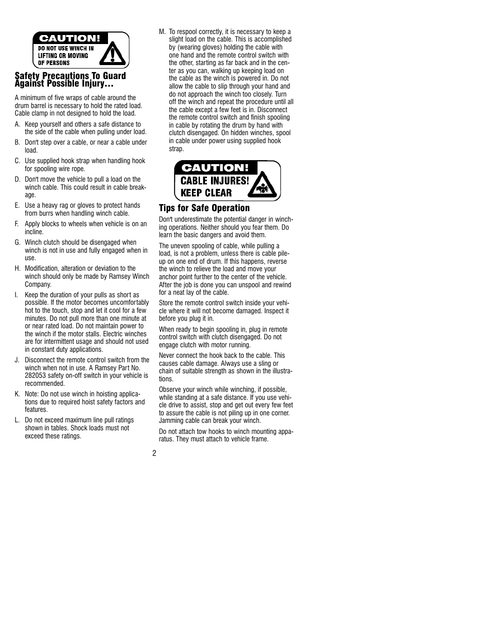 Tips for safe operation | Ramsey Winch REP-6000/8000/9000 User Manual | Page 2 / 16