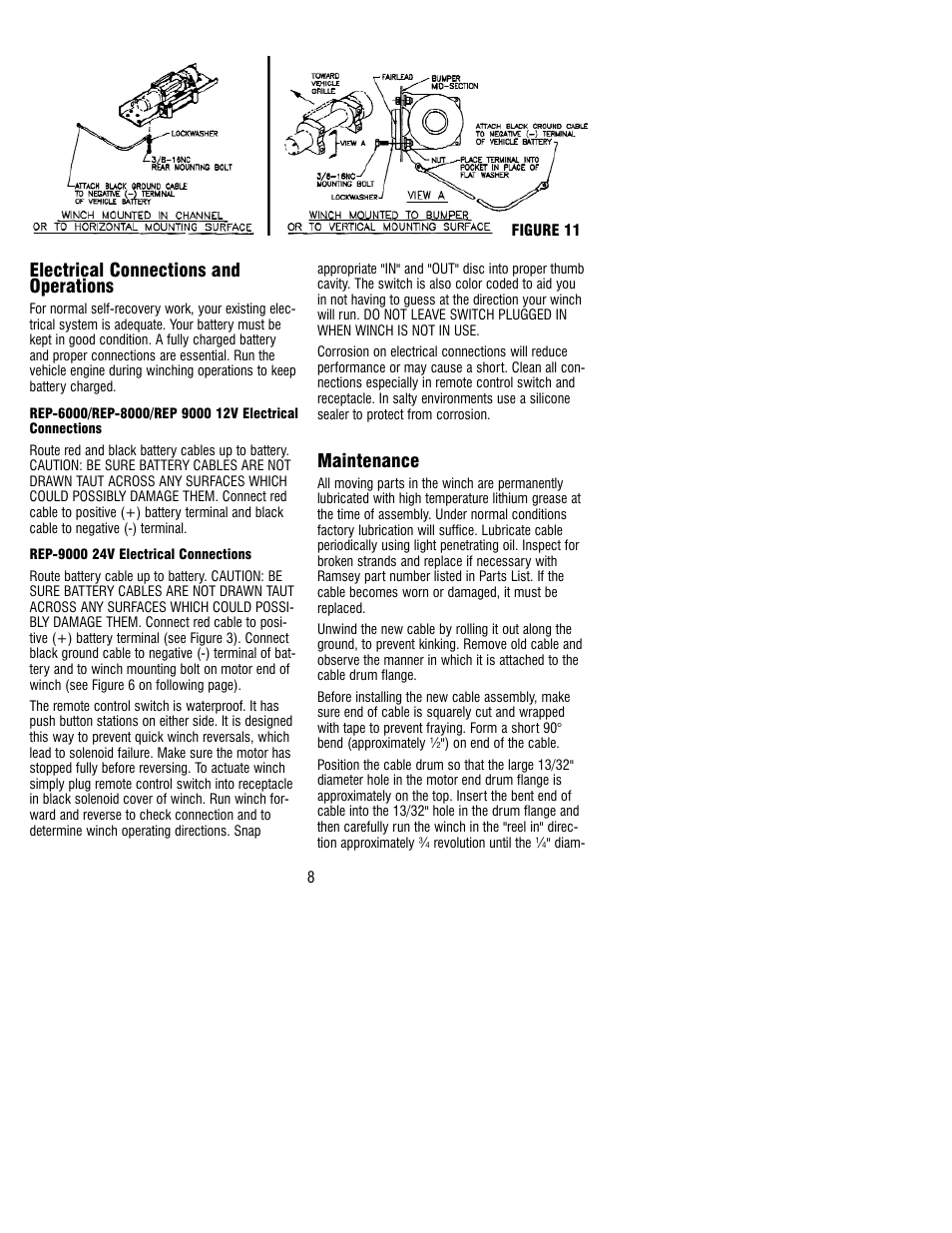 Electrical connections and operations, Maintenance | Ramsey Winch REP-6000/8000/9000 User Manual | Page 8 / 16