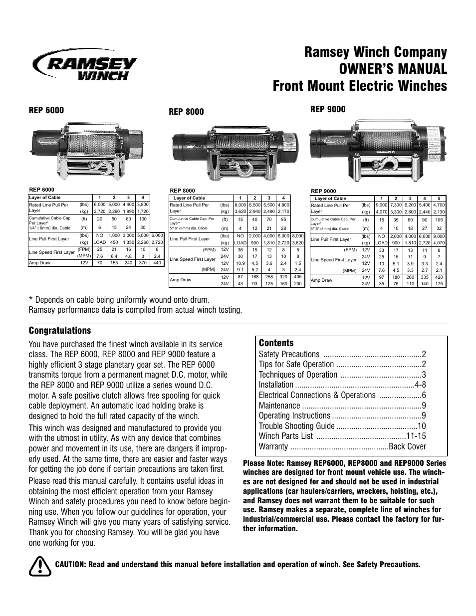 Ramsey Winch REP-6000/8000/9000 CURRENT User Manual | 16 pages