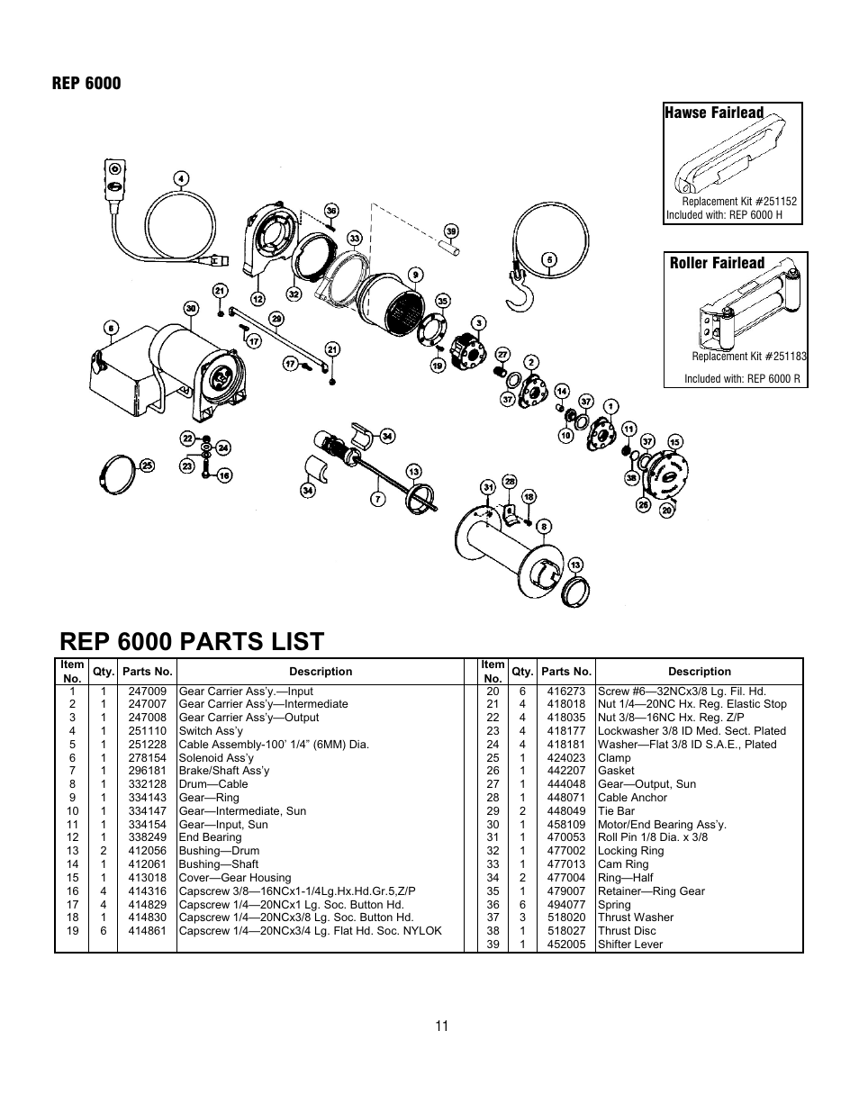 Rep 6000 parts list, Rep 6000, Hawse fairlead | Roller fairlead | Ramsey Winch REP-6000/8000/9000 CURRENT User Manual | Page 11 / 16