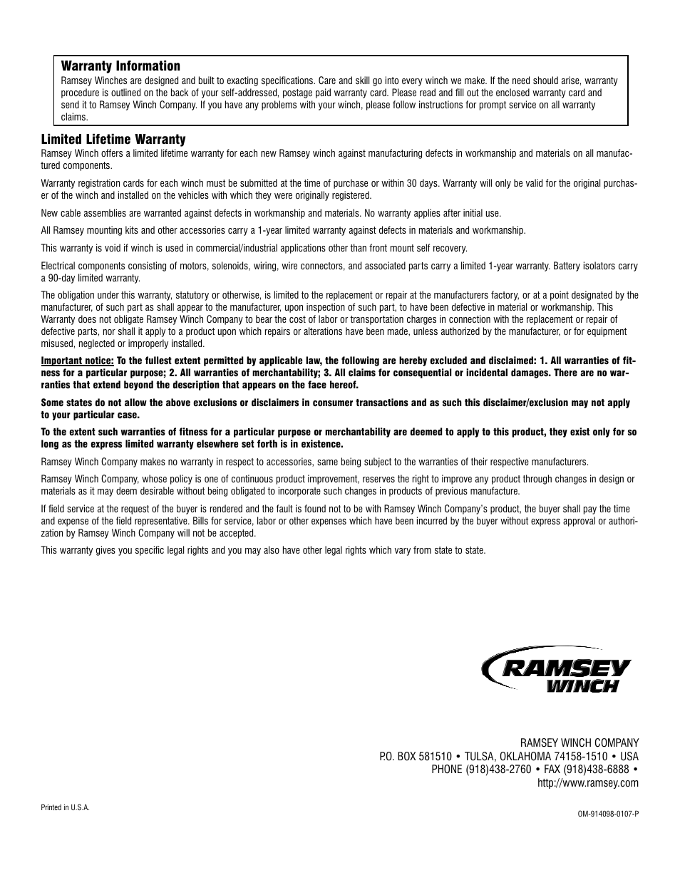 Limited lifetime warranty, Warranty information | Ramsey Winch REP-6000/8000/9000 CURRENT User Manual | Page 16 / 16