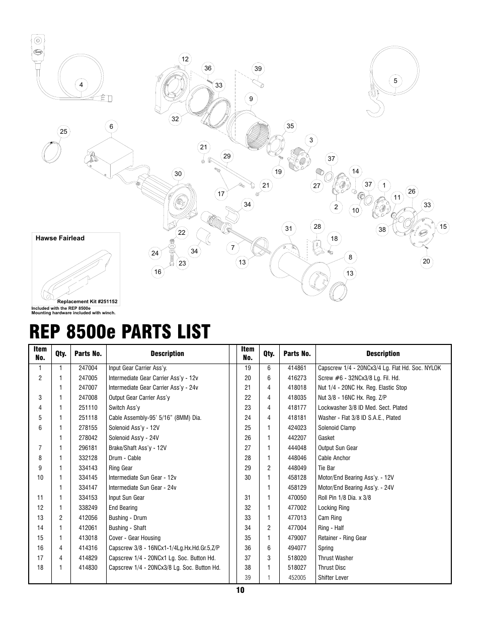 Rep 8500e parts list | Ramsey Winch REP-8.5e User Manual | Page 10 / 12