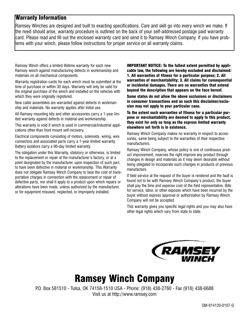 Ramsey winch company, Warranty information | Ramsey Winch REP-8.5e User Manual | Page 12 / 12