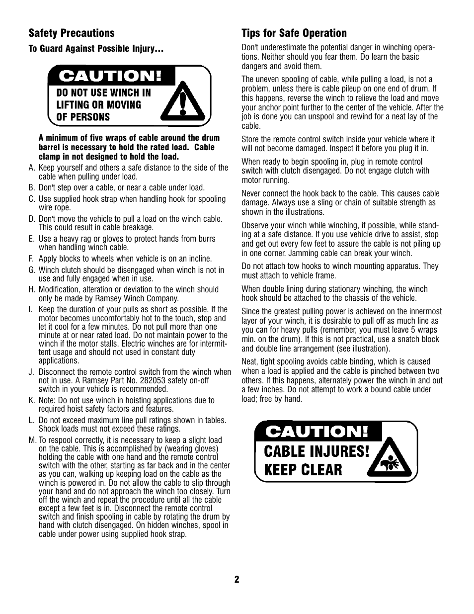 Safety precautions, Tips for safe operation | Ramsey Winch REP-8.5e User Manual | Page 2 / 12