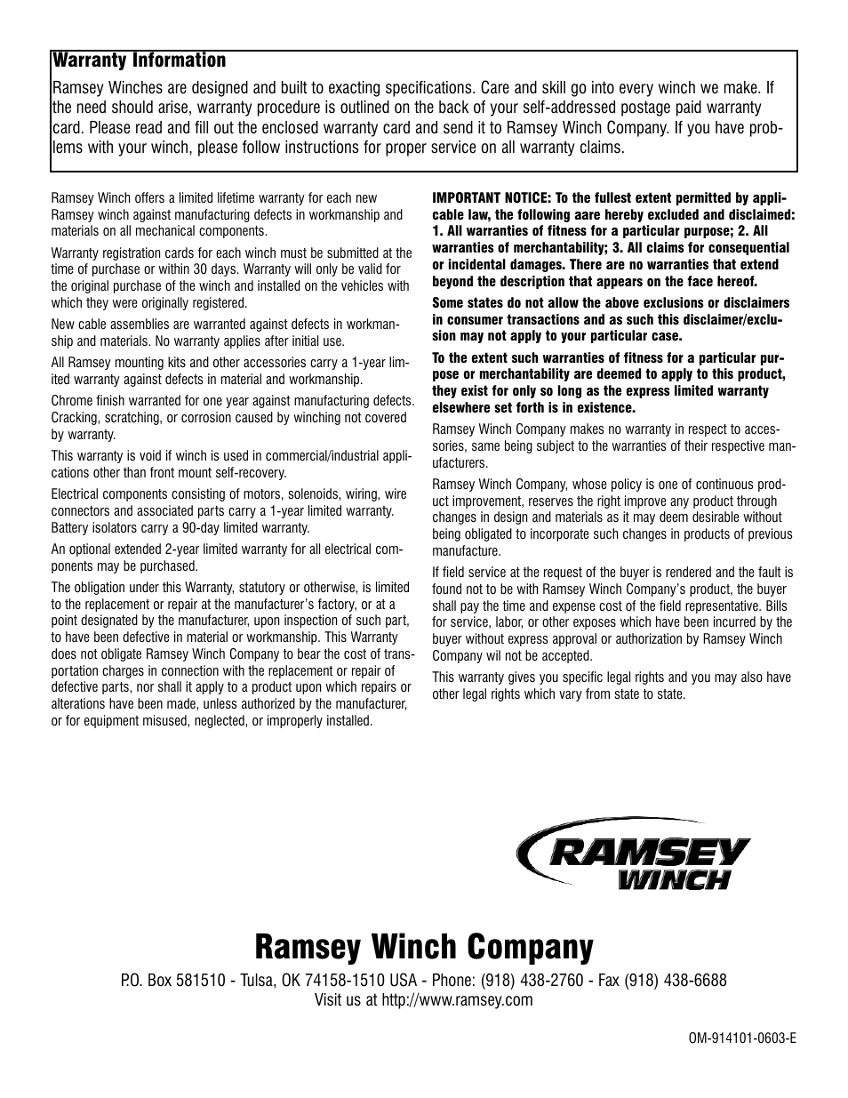 Ramsey winch company | Ramsey Winch REP-8000e User Manual | Page 12 / 12