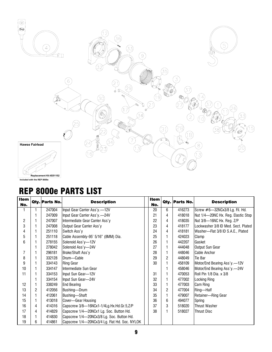 Rep 8000e parts list | Ramsey Winch REP-8000e User Manual | Page 9 / 12