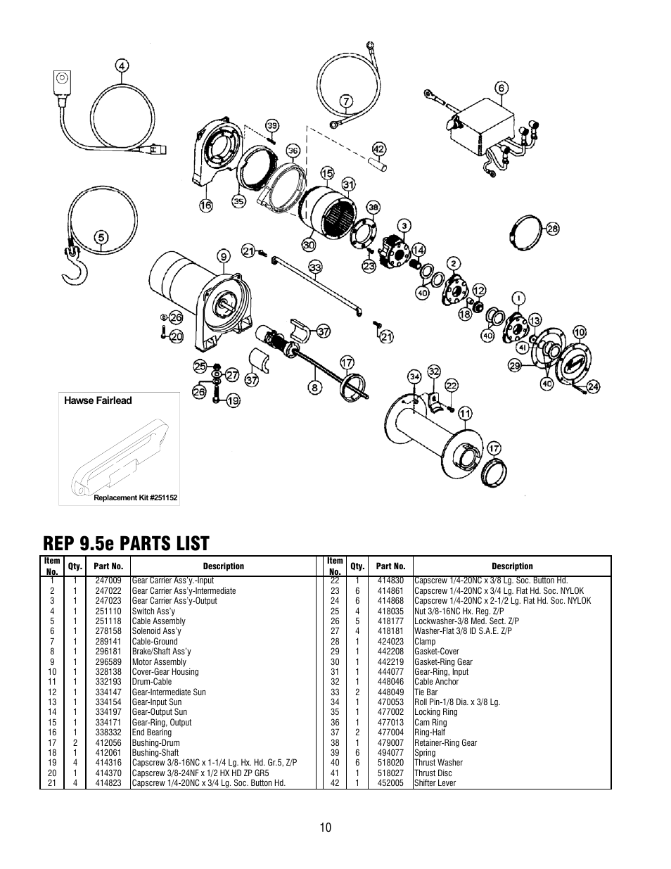 Rep 9.5e parts list | Ramsey Winch REP-9.5e User Manual | Page 10 / 12