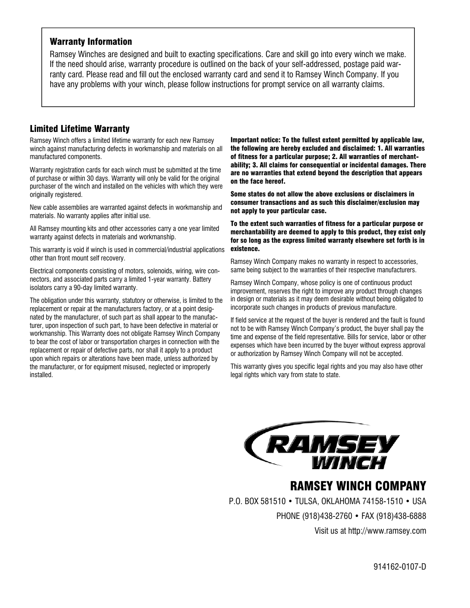 Ramsey winch company | Ramsey Winch REP-9.5e User Manual | Page 12 / 12