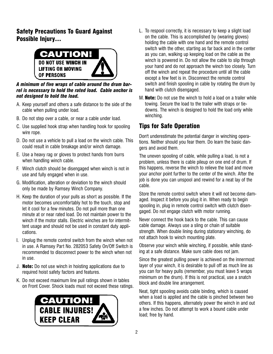 Tips for safe operation | Ramsey Winch TR-5000 User Manual | Page 2 / 8