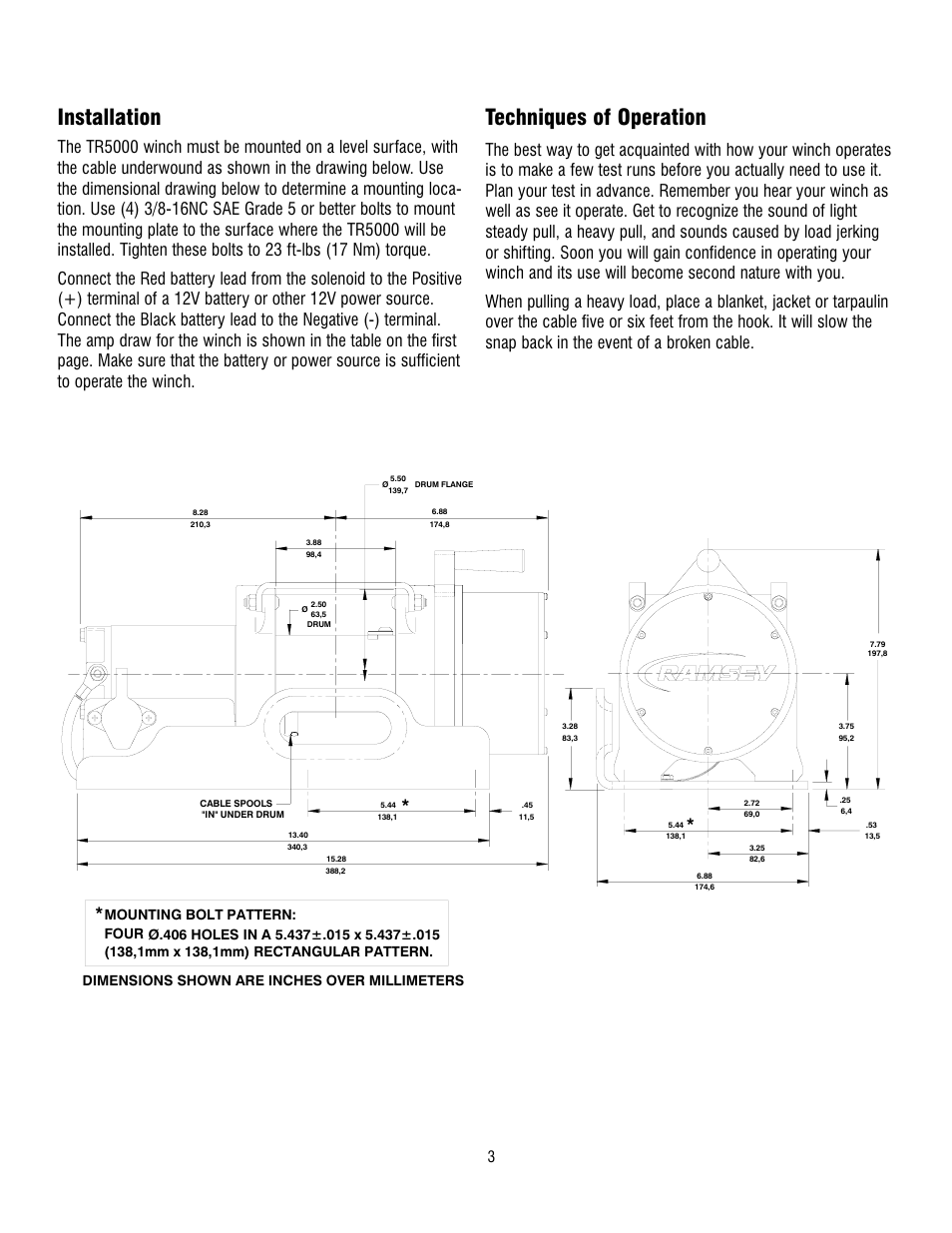 Installation, Techniques of operation | Ramsey Winch TR-5000 User Manual | Page 3 / 8