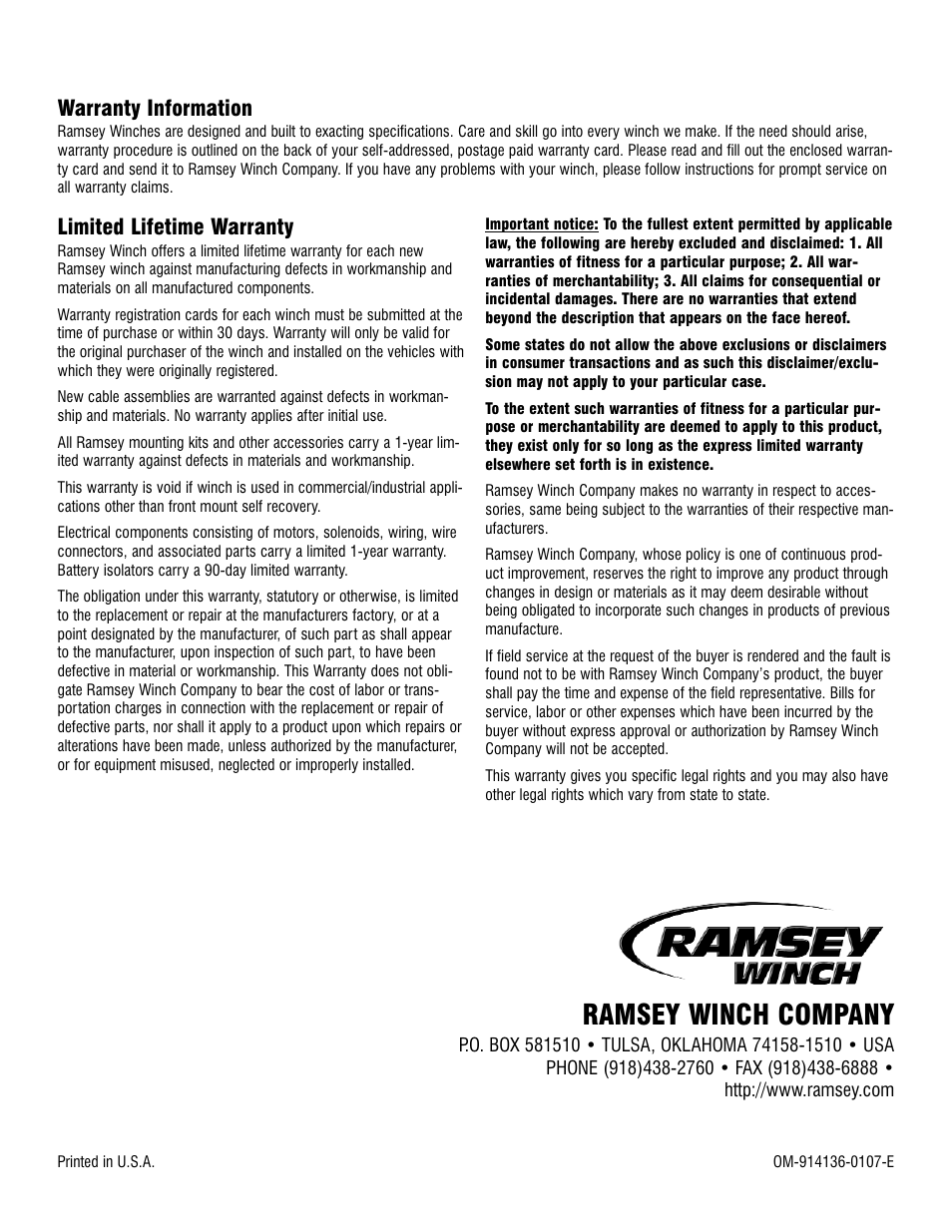 Ramsey winch company, Limited lifetime warranty, Warranty information | Ramsey Winch TR-5000 User Manual | Page 8 / 8