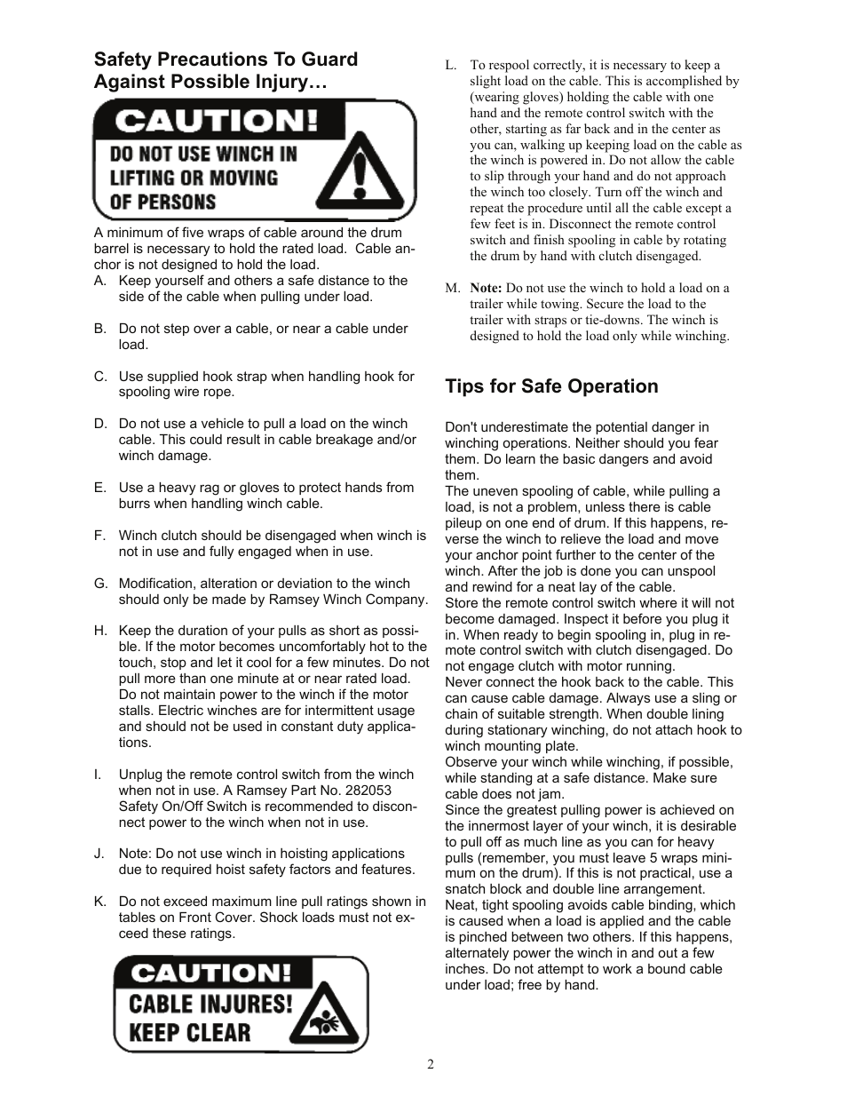 Tips for safe operation | Ramsey Winch TR-5000 12 V User Manual | Page 2 / 10