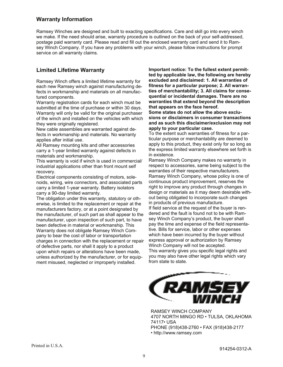 Ramsey Winch TR-5000 12 V User Manual | Page 9 / 10