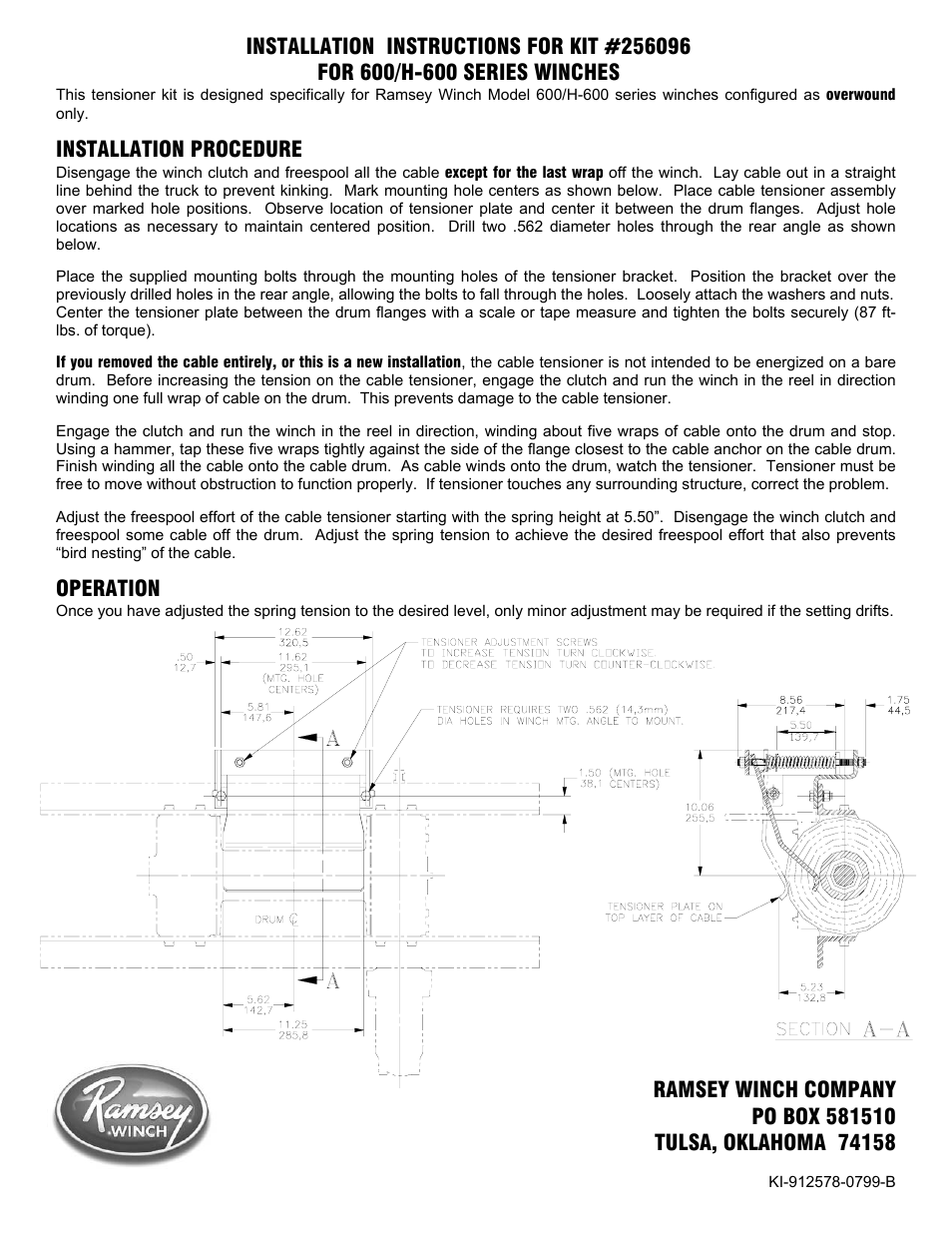 Ramsey Winch CABLE TENSIONER 600/H-600 256096 User Manual | 1 page