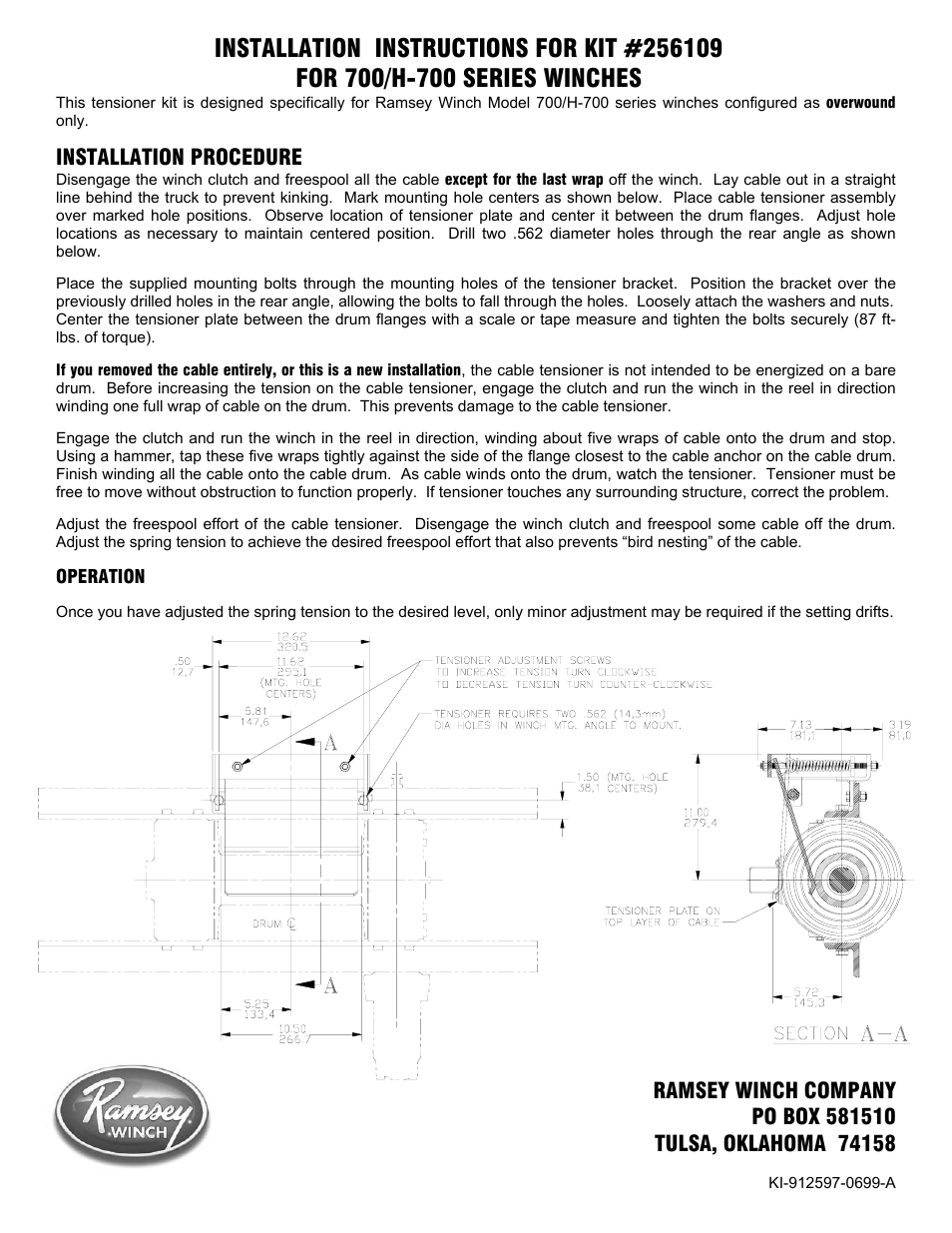 Ramsey Winch CABLE TENSIONER 700/H-700 256109 User Manual | 1 page