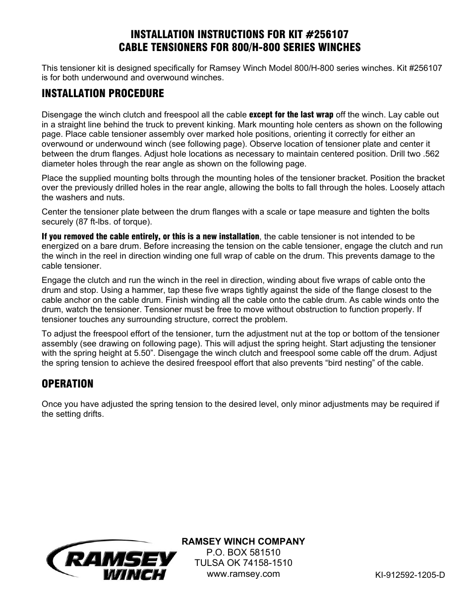 Ramsey Winch CABLE TENSIONER 800/H-800 256107 User Manual | 2 pages