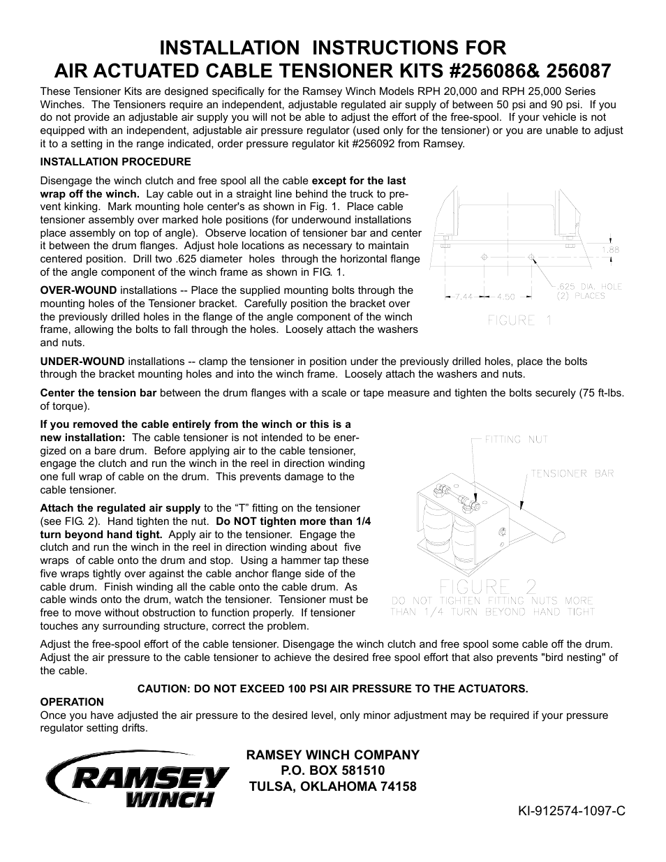 Ramsey Winch CABLE TENSIONER AIR ACTUATED RPH 20000/25000 256086, 256087 User Manual | 2 pages