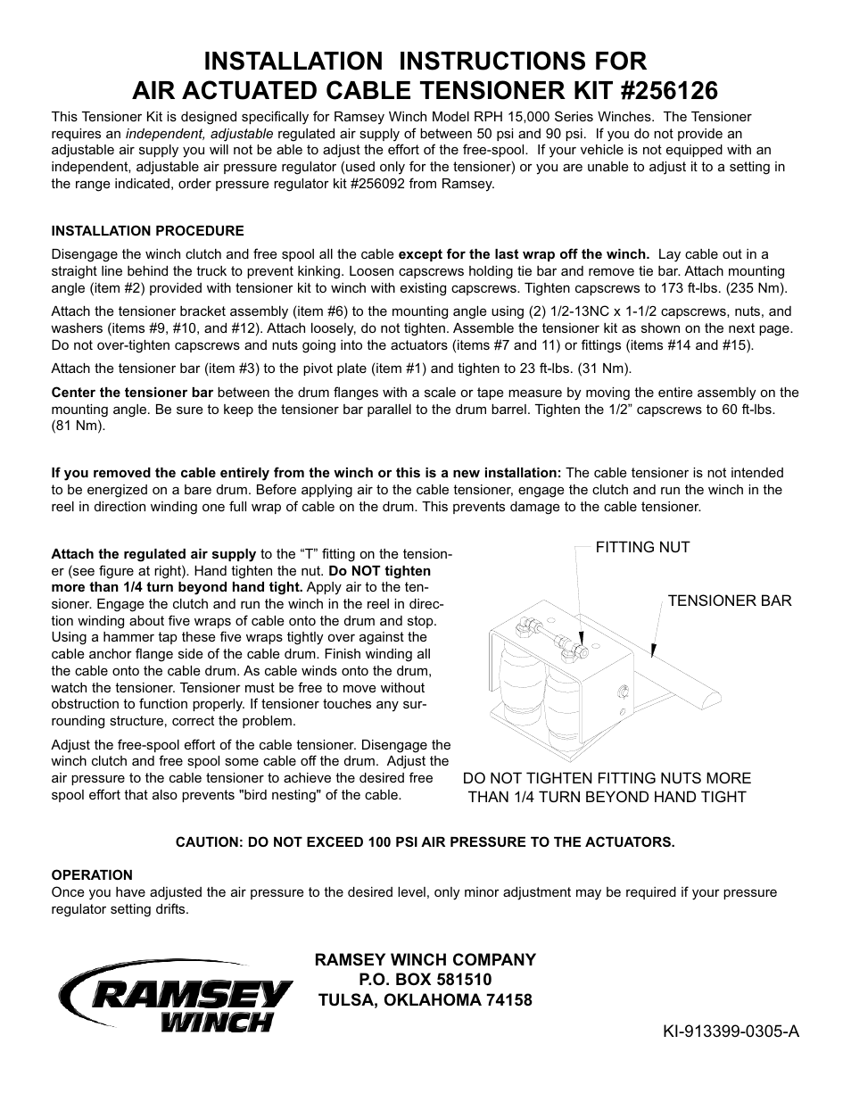 Ramsey Winch CABLE TENSIONER AIR ACTUATED RPH 35000 256126 User Manual | 2 pages