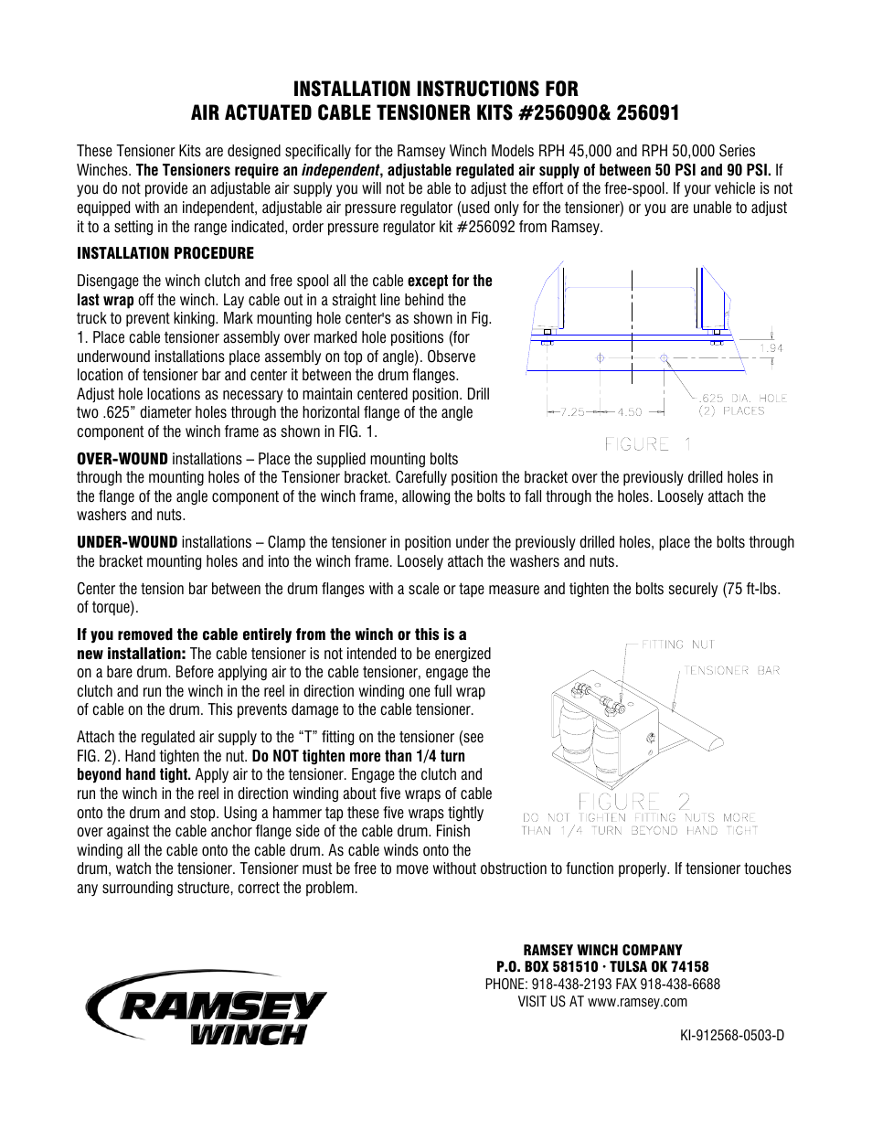 Ramsey Winch CABLE TENSIONER AIR ACTUATED RPH 45000/50000 256090, 256091 User Manual | 2 pages