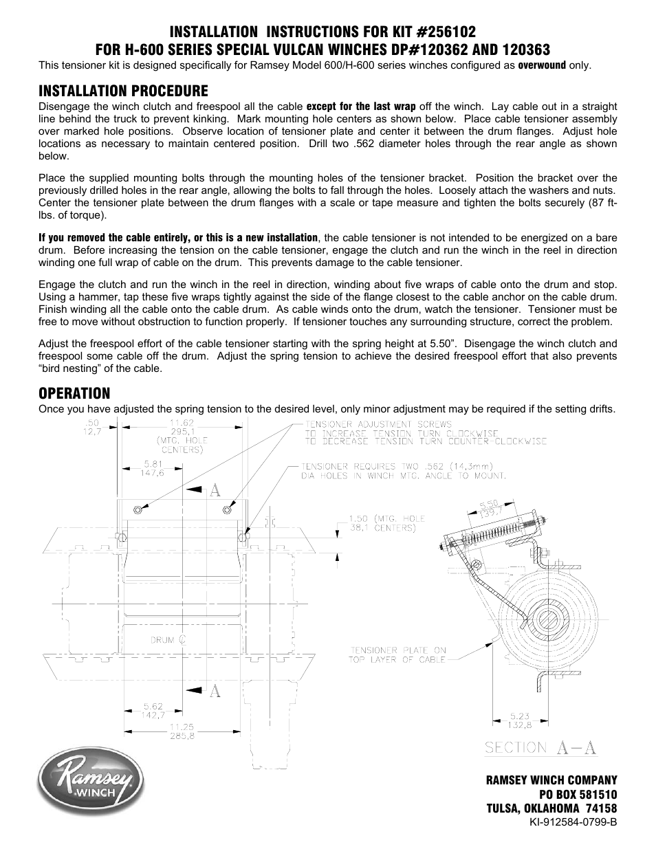 Ramsey Winch CABLE TENSIONER VULCAN 600/H-600 256102, 120362, 120363 User Manual | 1 page