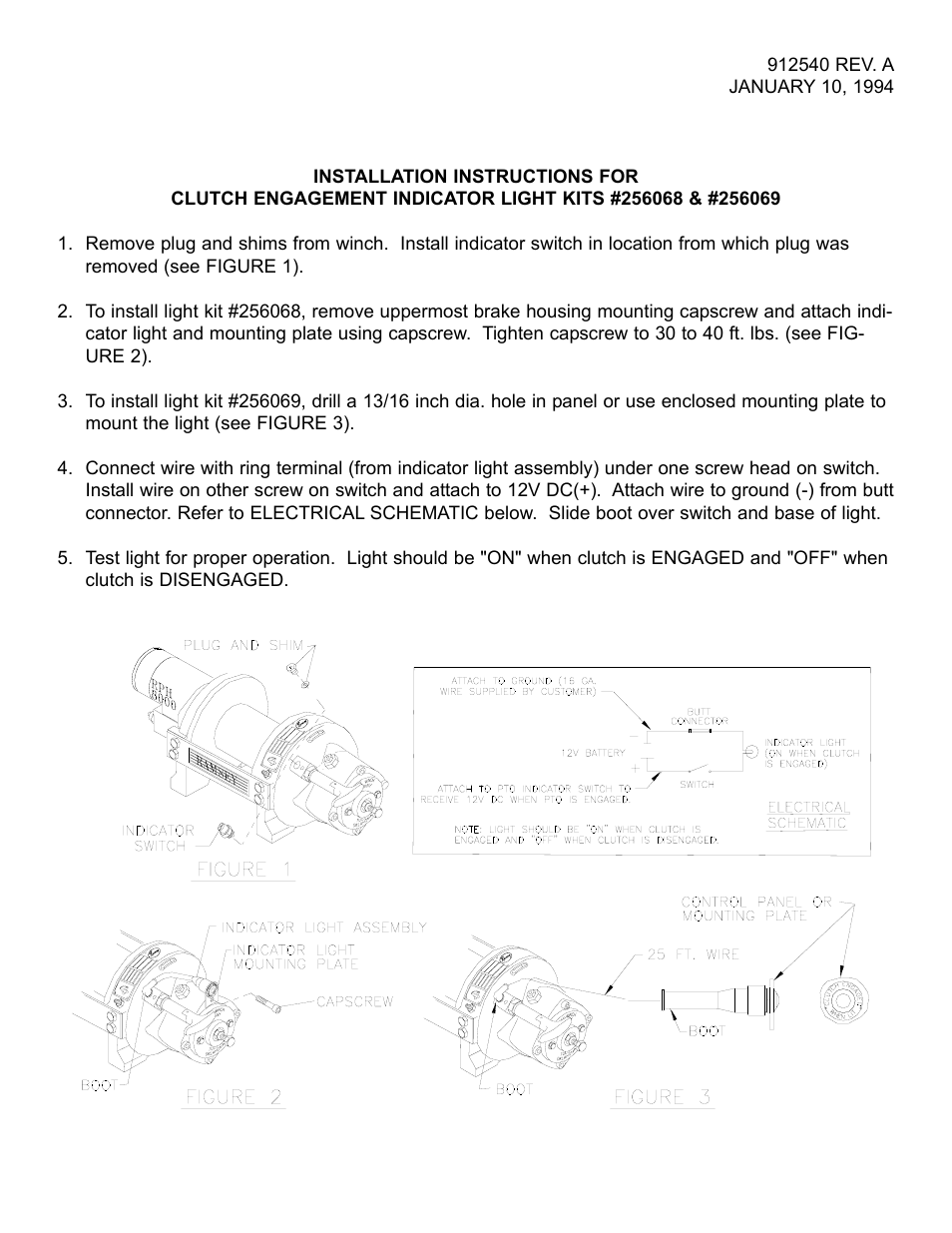 Ramsey Winch CLUTCH ENGAGEMENT INDICATOR LIGHT 256068, 256069 User Manual | 1 page