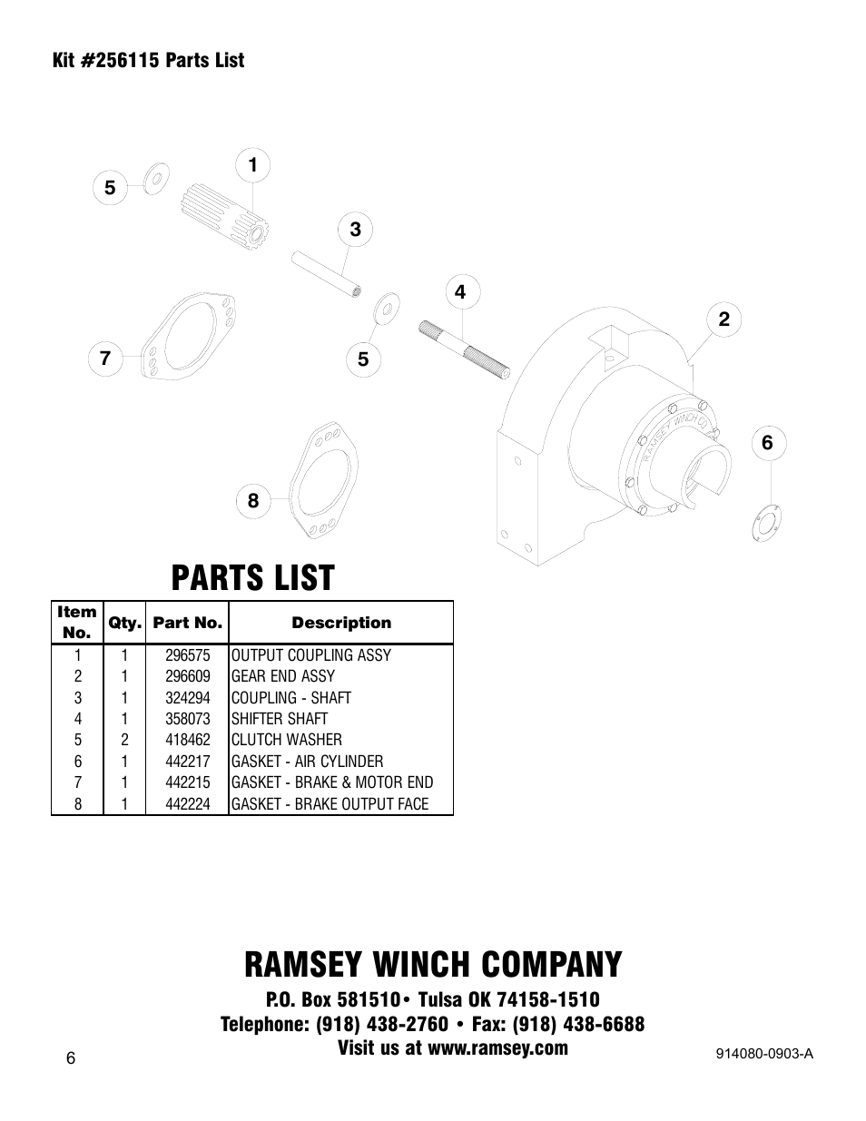 Parts list ramsey winch company | Ramsey Winch GEARBOX REPLACEMENT KIT RAMSEY/AUBURN TO QGBX RPH20/25 256115 User Manual | Page 6 / 8