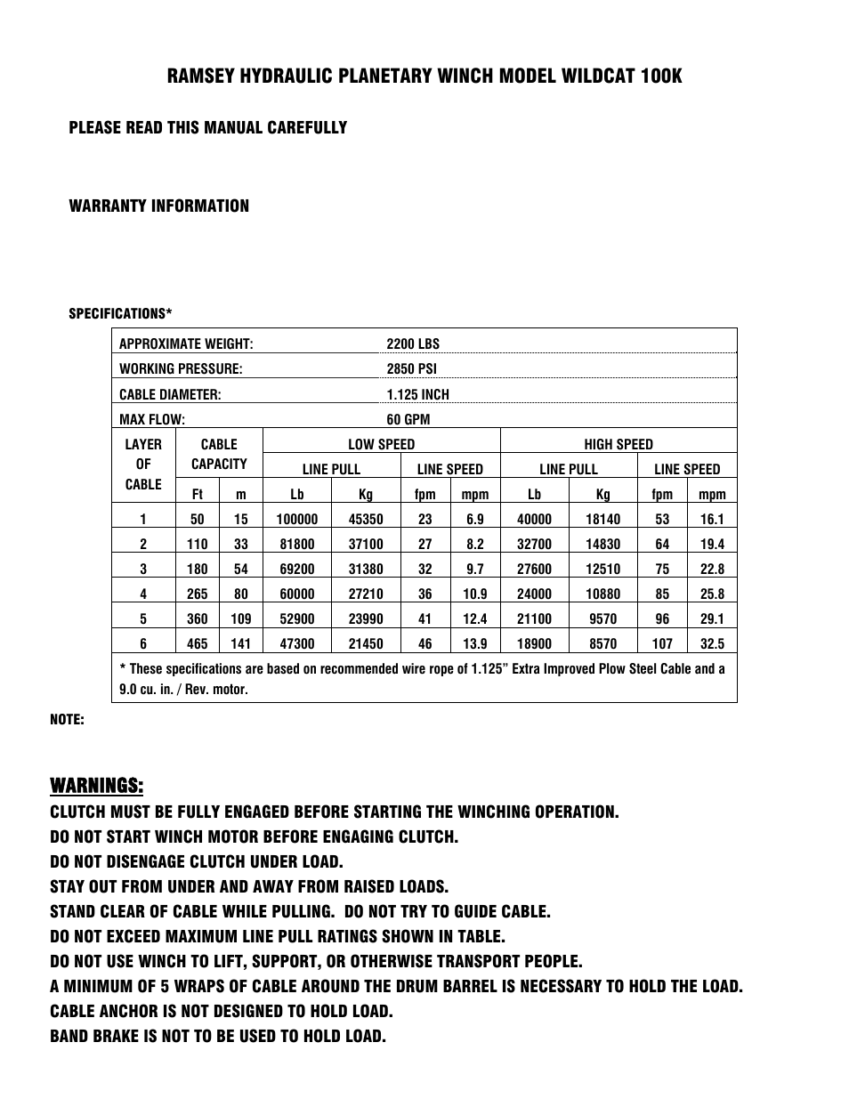 Warranty information, Specifications, Warnings | Ramsey Winch 100K WILDCAT WINCH User Manual | Page 3 / 28