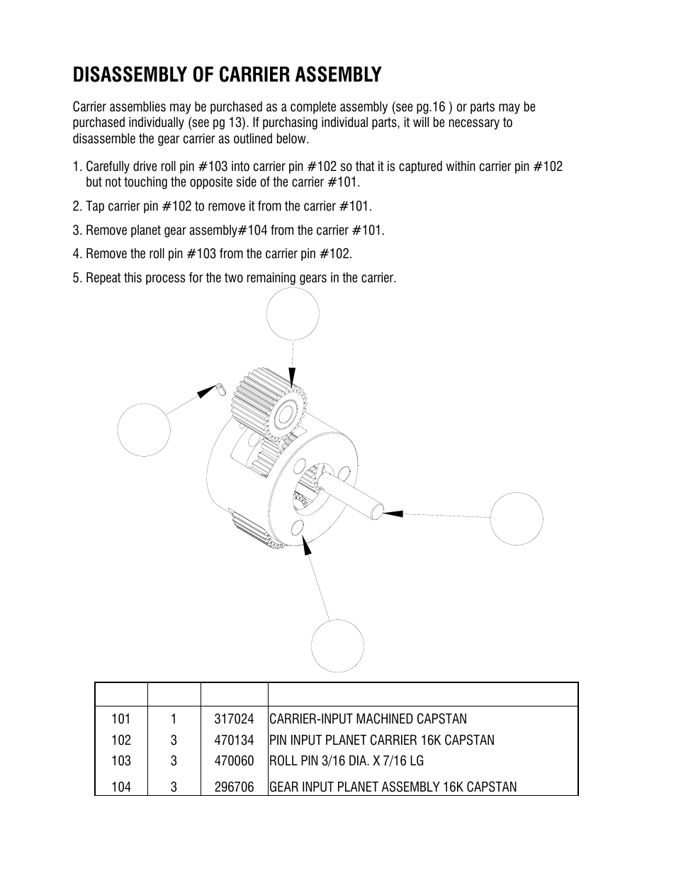 Disassembly of carrier assembly | Ramsey Winch 16K Capstan User Manual | Page 12 / 16