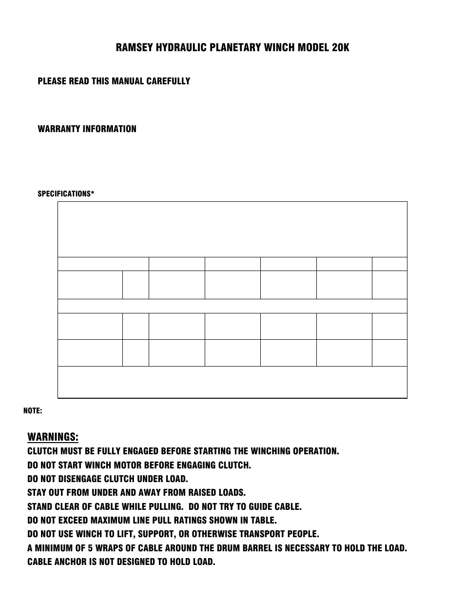 Ramsey hydraulic planetary winch model 20k, Warnings | Ramsey Winch 20K POWERMASTER User Manual | Page 3 / 20