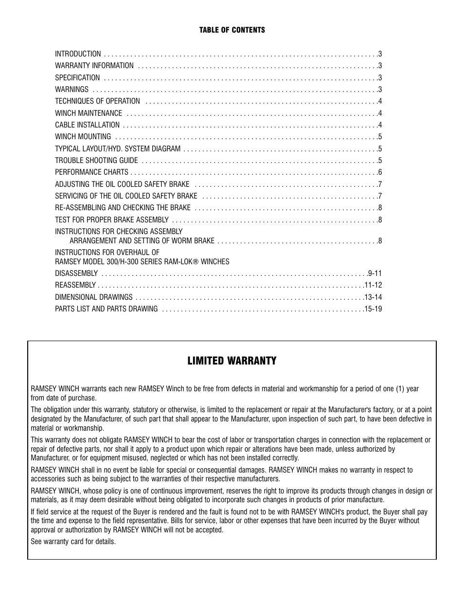 Limited warranty | Ramsey Winch 300/H-300 RAM-LOK User Manual | Page 2 / 76