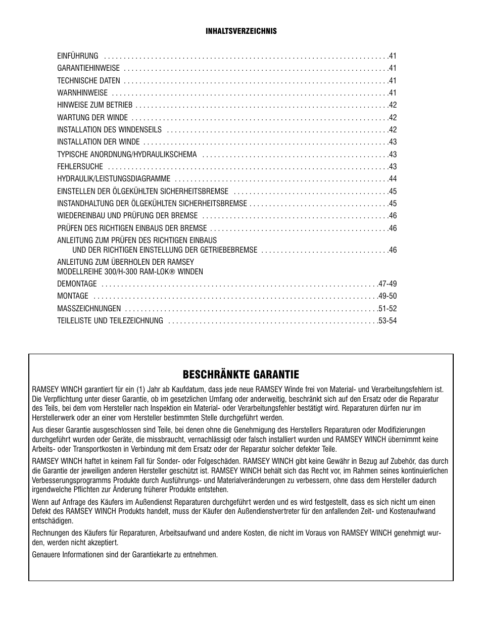 Beschränkte garantie | Ramsey Winch 300/H-300 RAM-LOK User Manual | Page 40 / 76