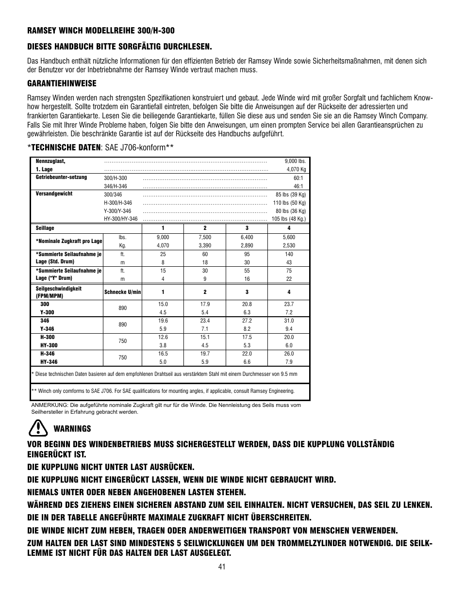 Garantiehinweise, Technische daten: sae j706-konform | Ramsey Winch 300/H-300 RAM-LOK User Manual | Page 41 / 76