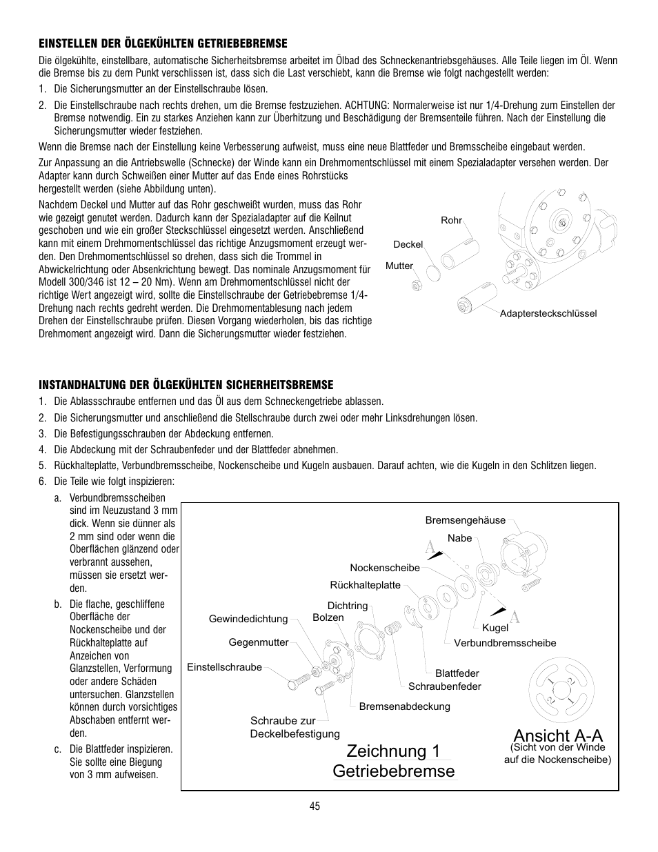 Ansicht a-a, Getriebebremse zeichnung 1 | Ramsey Winch 300/H-300 RAM-LOK User Manual | Page 45 / 76