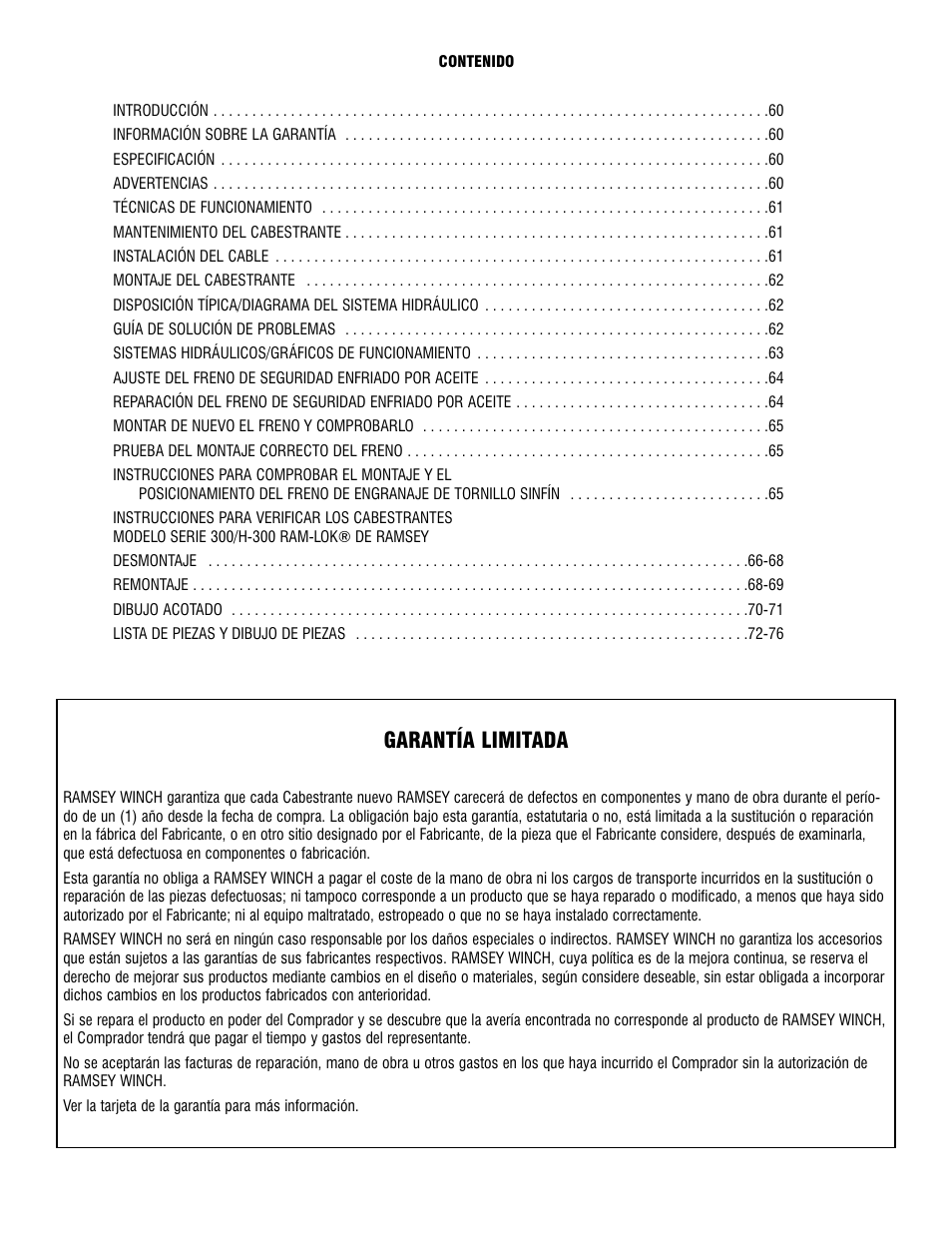 Garantía limitada | Ramsey Winch 300/H-300 RAM-LOK User Manual | Page 59 / 76