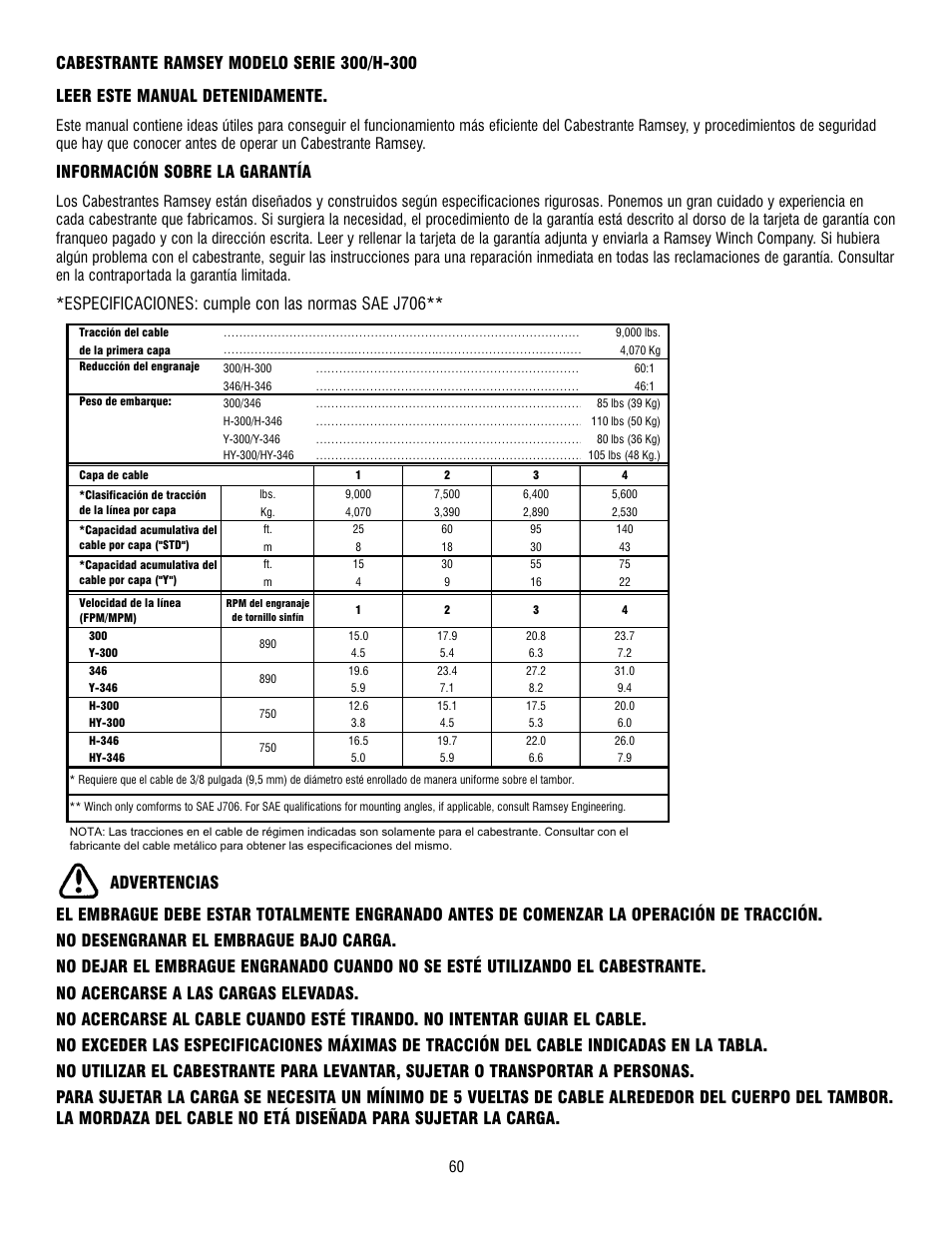 Información sobre la garantía, Especificaciones: cumple con las normas sae j706 | Ramsey Winch 300/H-300 RAM-LOK User Manual | Page 60 / 76