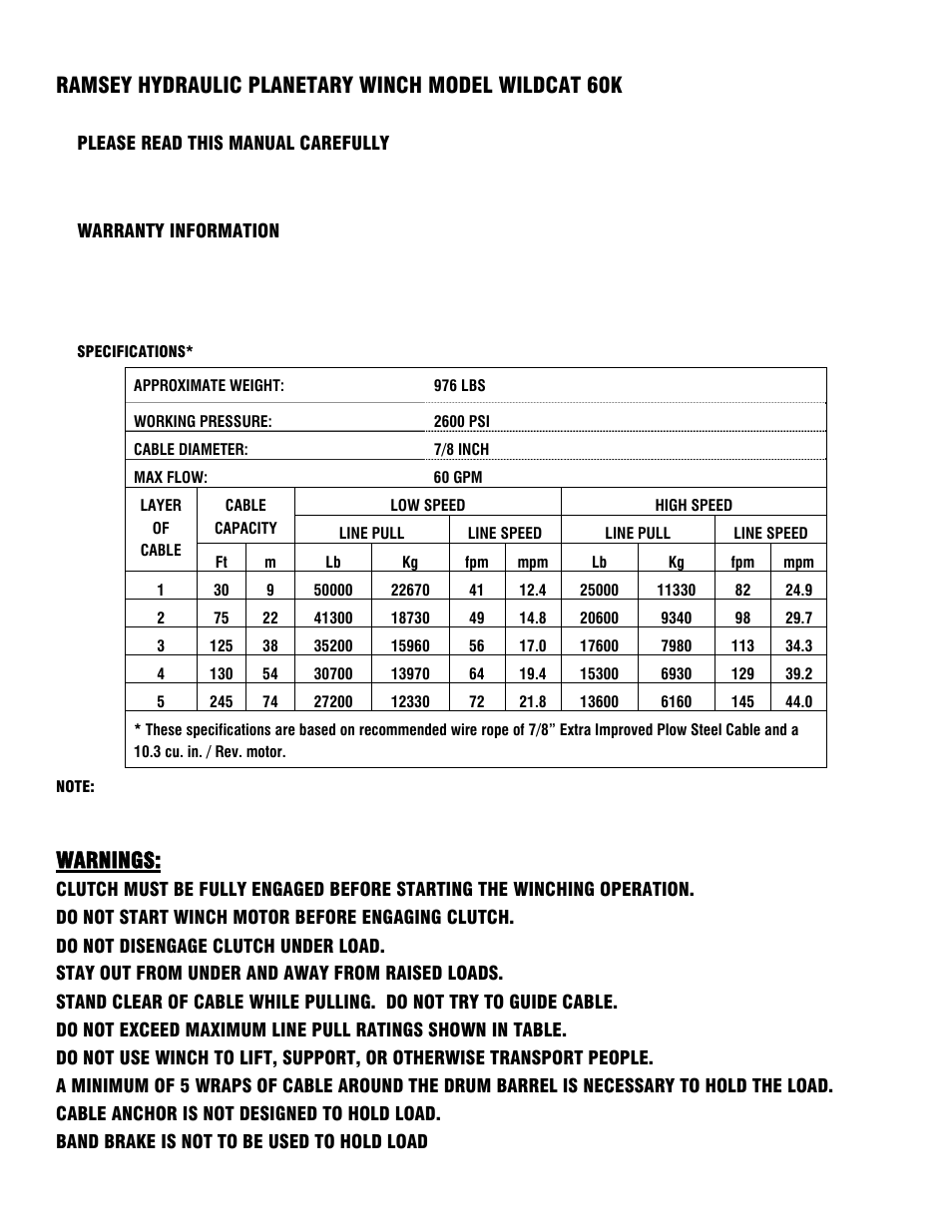 Ramsey hydraulic planetary winch model wildcat 60k, Warnings | Ramsey Winch 50K WILDCAT WINCH User Manual | Page 3 / 24