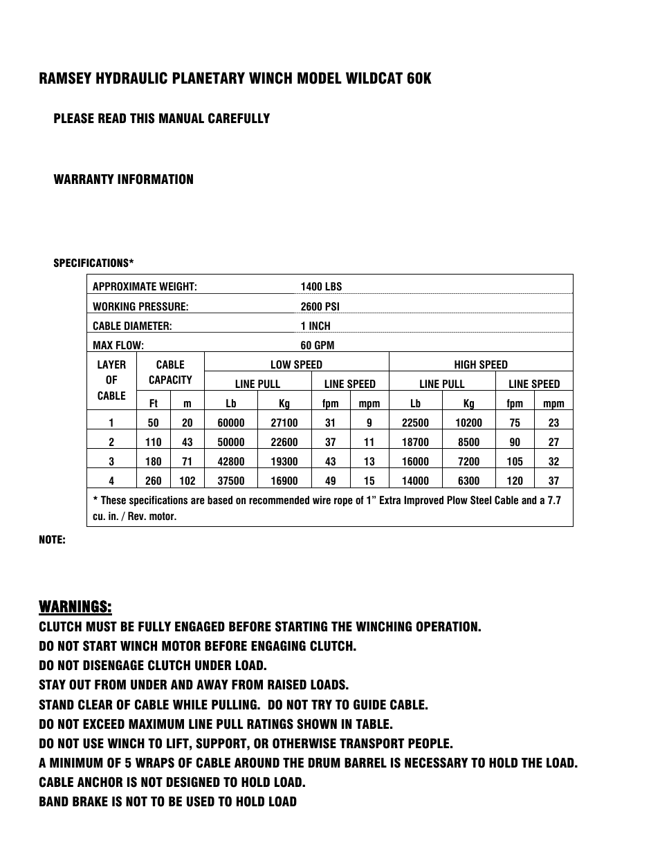 Ramsey hydraulic planetary winch model wildcat 60k, Warnings | Ramsey Winch 60K WILDCAT WINCH User Manual | Page 3 / 28