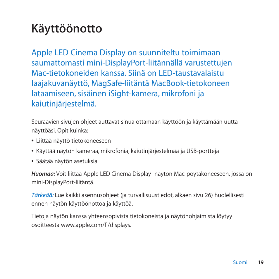 Kayttoonotto, 19 kayttoonotto | Apple LED Cinema Display User Manual | Page 19 / 100