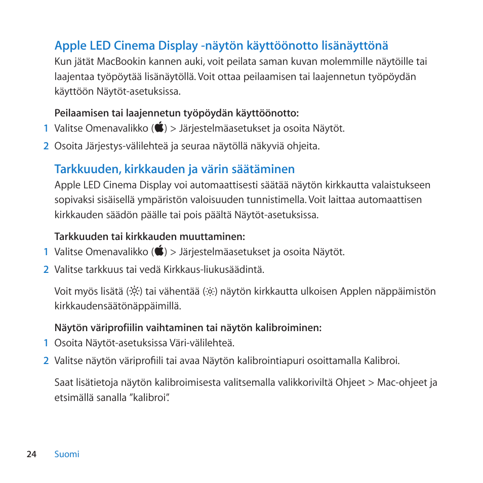 Tarkkuuden, kirkkauden ja varin saataminen | Apple LED Cinema Display User Manual | Page 24 / 100