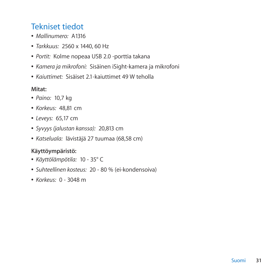 Tekniset tiedot, 31 tekniset tiedot | Apple LED Cinema Display User Manual | Page 31 / 100