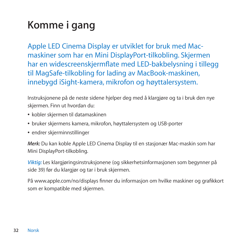 Komme i gang | Apple LED Cinema Display User Manual | Page 32 / 100