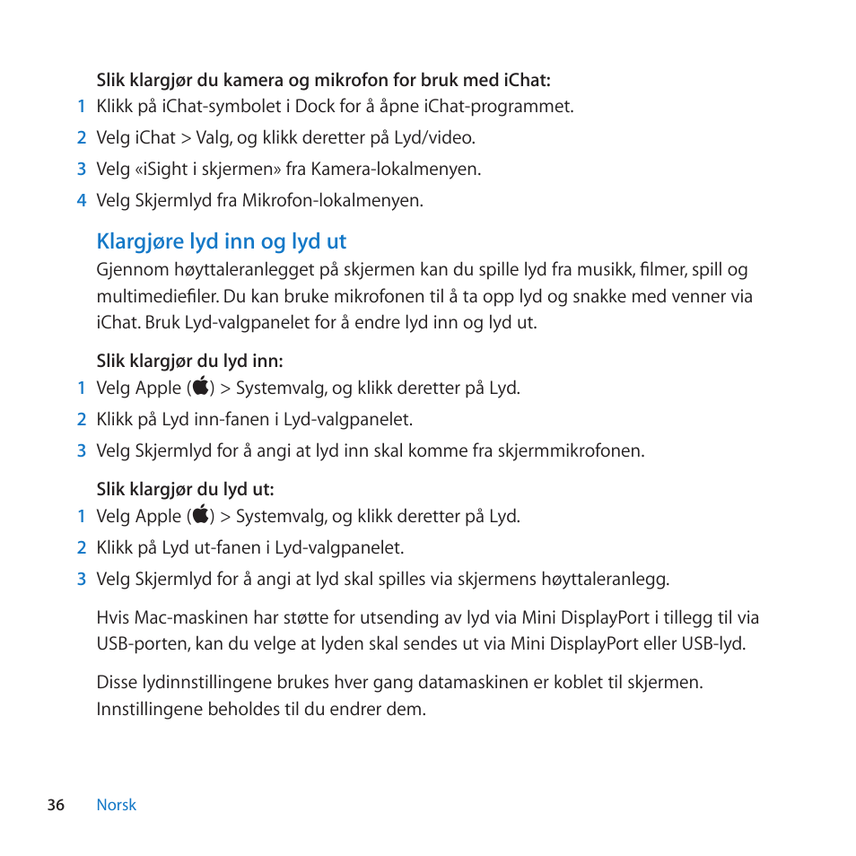 Klargj0re lyd inn og lyd ut | Apple LED Cinema Display User Manual | Page 36 / 100