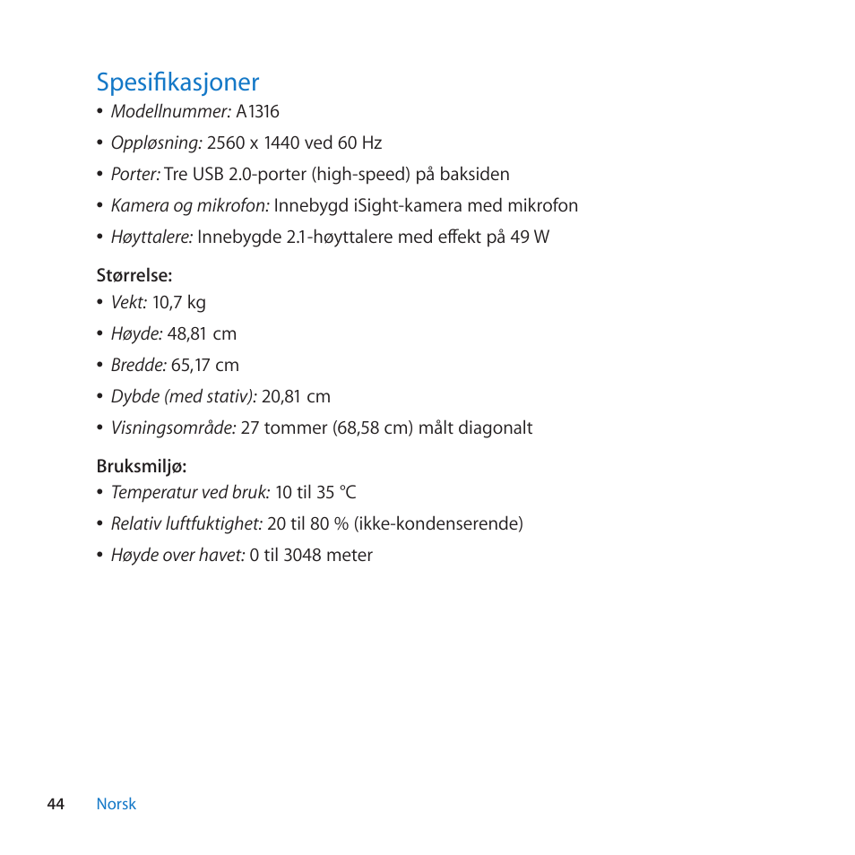 Spesifikasjoner, 44 spesifikasjoner | Apple LED Cinema Display User Manual | Page 44 / 100