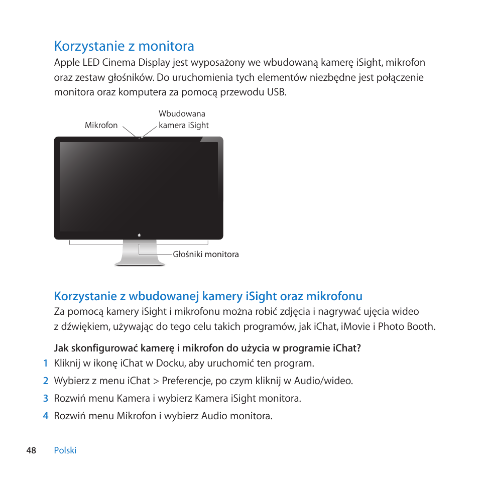 Korzystanie z monitora, 48 korzystanie z monitora | Apple LED Cinema Display User Manual | Page 48 / 100