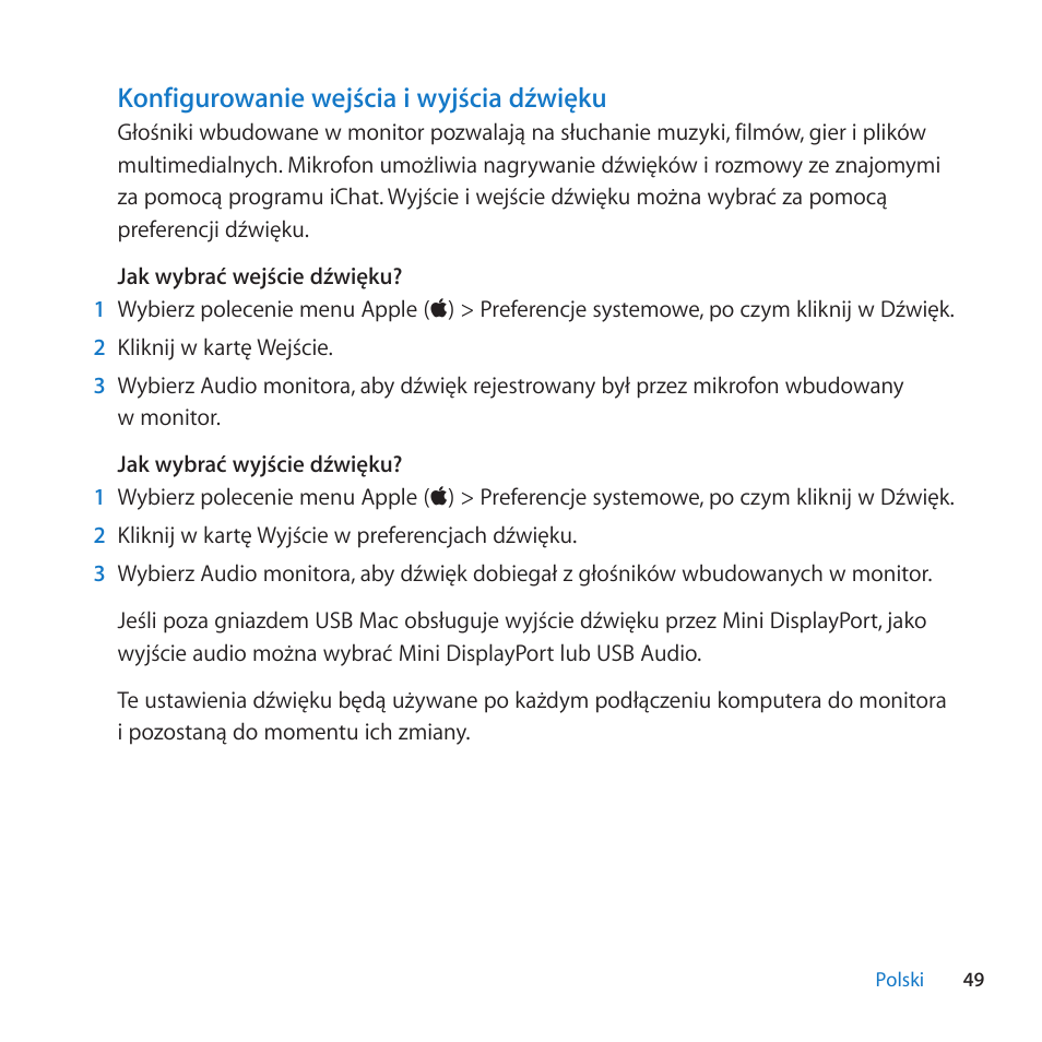 Konfigurowanie wejscia i wyjscia dzwi^ku | Apple LED Cinema Display User Manual | Page 49 / 100